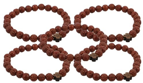 Hohopeti 5 St Rustikt Rosary-armband med Imiterade Träpärlor och Lätt och Allergivänligt Elegant Doparmband för Män och Kvinnor Andlig Bönsmycke med Rosformade Detaljer