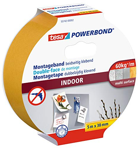 tesa Powerbond INDOOR - Cinta de montaje de doble cara para uso en interiores - fuerte adhesivo en ambas caras, para montaje permanente - 5 m