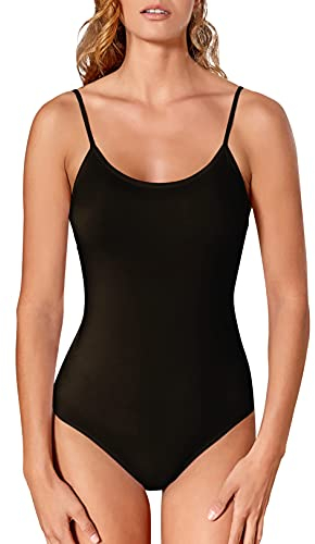 VEDATS Damen Body Spaghettiträger Top Unterhemd Bodysuit (L, Schwarz)