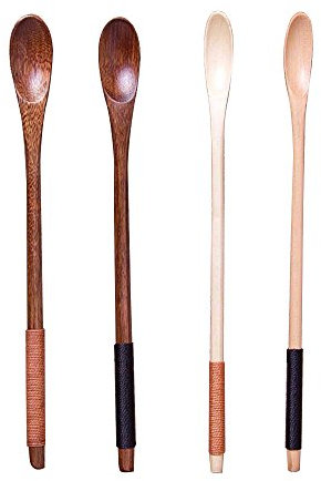 Mestolo Cucchiaio da tavola, eco-friendly legno lungo manico in legno naturale Ebilun 4PC W/Line legato Miele caffè cucchiaio per mescolare