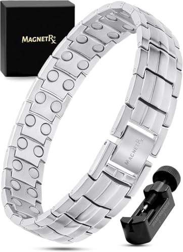 MagnetRX® Pulsera Magnética Ultrarresistente - Brazaletes de Acero Inoxidable para Hombres – Pulsera de Longitud Ajustable con Herramienta de Medición para un Ajuste Perfecto (Plateada)