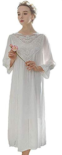 QIKEGooods Camisón de manga larga 100% algodón para mujer, camisón victoriano, pijama para mujer, vestido de camisa de dormir, 003blanco, L