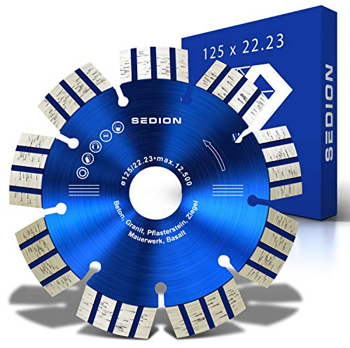 SEDION ® Diamanttrennscheibe 125 mm - Trennscheibe zum Trennen von Stein Beton Stahlbeton Pflastersteine Klinker Granit Asphalt Basalt - 125mm x 22,23 - Sedion Premium Qualität - Diamant Steinscheibe