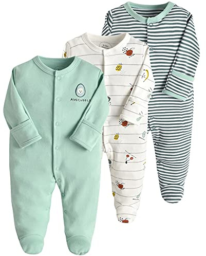 amropi Bambino Pagliaccetti 3 Pezzi in Cotone Neonato Ragazzi Ragazze Pigiami Manica Lunga Tutine 6-9 Mesi, Verde Bianco Banda