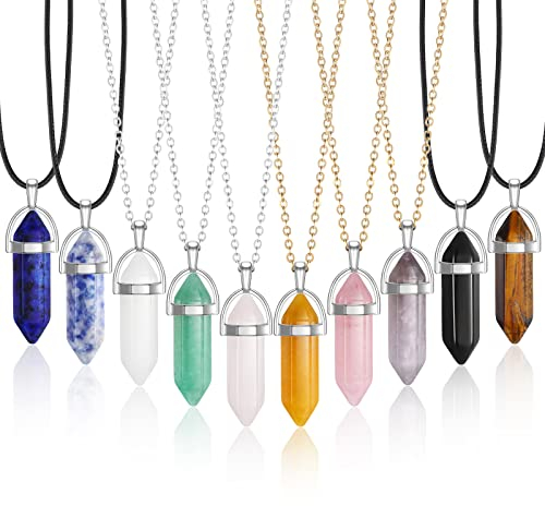 Yaomiao 10 Stück Kristall Halsketten Natürlich Stein Chakra Anhänger Kugel Form Edelstein Halskette Quarz Sechseckige Spirituell Heilung Edelsteine Halskette mit Ketten für Frauen Männer