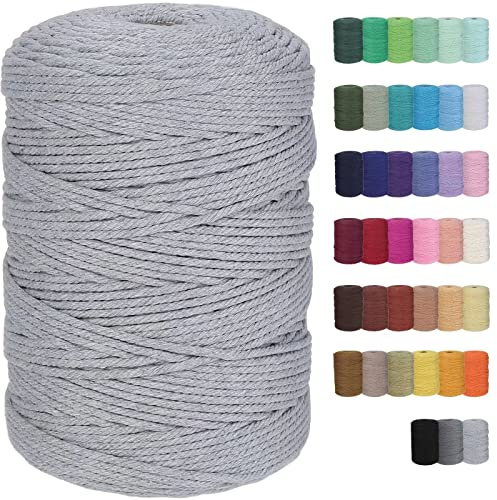 GOHOF Macrame Cord 3mm x 328yards Natural Cotton Rope Colored Cord Soft Cotton Macrame Supplies Craft Rope Yarn for Plant Hanger Wall Hanger Dreamcatcher (Light Grey)