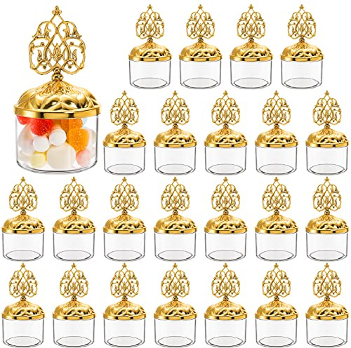 Mezchi 24 Pack Fillable Clear Favor Boxes with Gold Dome Lids, Plastic Dome Shaped Wedding Party Favor Candy Box, Decorative Candy Storage Containers for Chocolate, Cakes, Desserts, Snacks, Macaroons