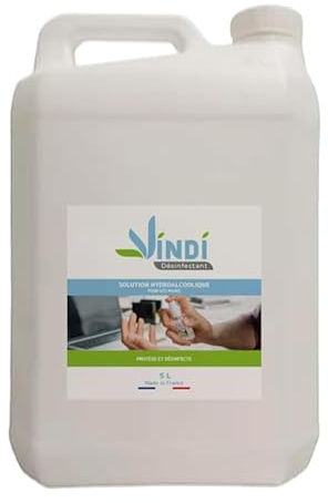 Vindi Désinfectant solution hydroalcoolique - Bidon de 5L - Fabrication Française - 76% d'alcool - Désinfection des mains et des surfaces - Virucide