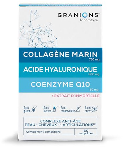 GRANIONS - Collagene Marin - Collagene et Acide Hyaluronique + Coenzyme Q10 - Collagene pour Cheveux, Peau, Articulation, Ongles - Collagene Marin + Selenium + Acide Hyaluronique - 60 Comprimés