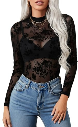 BemorRun Floral Mesh Long Sleeve Tops for Women Mock Neck See Through Fitted Sexy Going Out Top(Ad-Pattern 3,XL)