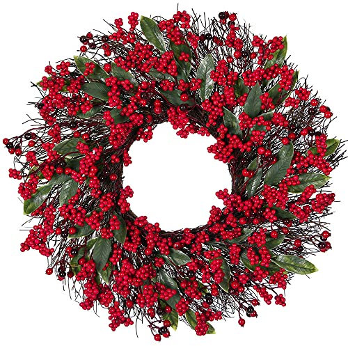 MOFIC 55,9 cm großer roter Beerenkranz, künstliche Beerenkranz, Dekoration, lebensechte Stechpalmen-Winterbeerenkranz für Weihnachten, Haustür, Heimdekoration (55 cm)