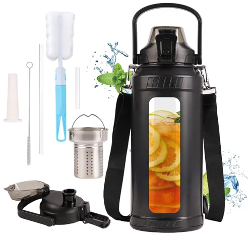 yeixzoua Glasflasche 1.5 liter, Trinkflasche Glas-1.5l, Glasflasche Mit Strohhalm, Wasserflasche Glas- 1.5l- Mit Hülle, Große- Trinkflasche Glas Bruchsicher, Für Gym, Sport, Täglich, Schwarz, LXB-02