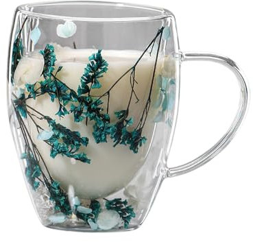 Genikeer Taza De Vidrio De Doble Pared Con Flores, 350ML Taza De Doble Pared Con Flores Secas, Tazas Cafe Espresso Transparente, Taza De Con Asa Para Te Cafe Capuchino