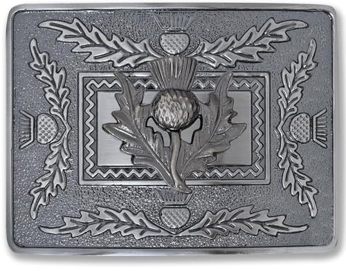 Kilt Emporium skotsk tistelvapen kilt bältesspänne – elegant mässingsdesign, Silver antik – 4 tistlar bricka, 3.75 x 2.75
