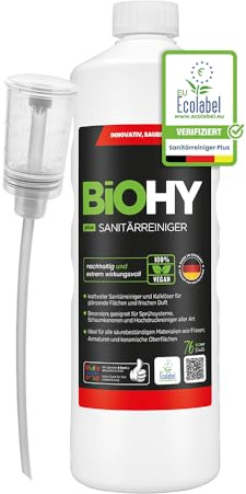 BiOHY Sanitetsrengörare Plus (1l flaska) + doser | Kalknedbrytande koncentrat för sanitetsområdet | Badrumsrengöring med en behaglig och fräsch doft | EXTRA STARK (Sanitärreiniger Plus)