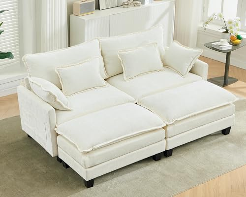 SITURAY Doppellagige Ecksofa Modulares Sofa, Wohnlandschaft L-Form Cloud Couch mit Ottomane, Chenillestoff Eckcouch Corner Sofa mit Schlaffunktion für Wohnzimmer Schlafzimmer (Beige, 2 Sitzer)