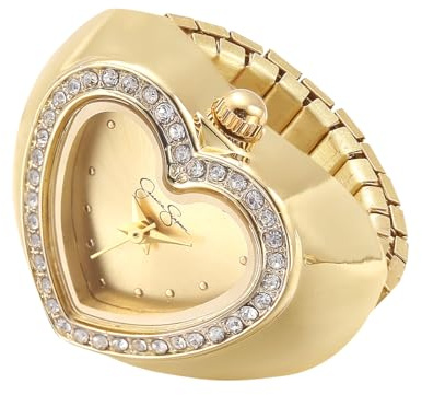 Jessica Simpson Women's Gold Adjustable Ring Watch – Crystal Heart Shaped Bezel, Quartz Analog Mini Dial, Stretch Band Fashion Jewelry Accessory