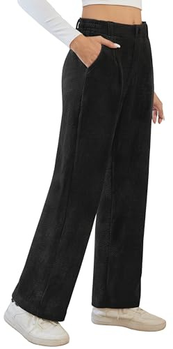 Desol Pantaloni da donna eleganti e caldi, in tessuto a coste, per autunno, inverno, con tasche, a vita alta, imbottiti, da donna, Imitazione Corduroy-nero, XL