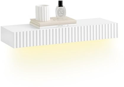 SoBuy Mensola da muro sospesa con cassetto e luce LED con sensore di movimento, per camera da letto, ingresso e soggiorno, a batteria, L60 × P20 × H8 cm, bianco, FHK38-W