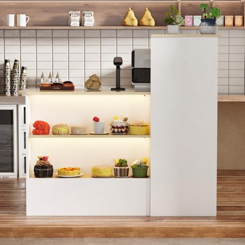 Banco di ricezione con illuminazione a LED a 3 colori, tavolo da reception con cassetto e armadio, bancone con area di presentazione aperta, bianco e legno naturale, reception per boutique, salone