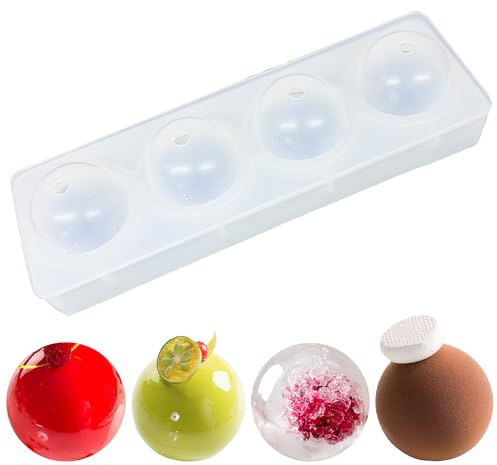 duoyif 3D sfärisk silikonform, 4 hålrum Ø 58 mm sfärisk chokladform med lock, BPA-fri, kulformar för choklad, isbitar, mousse, gelé (boll Ø58 mm)