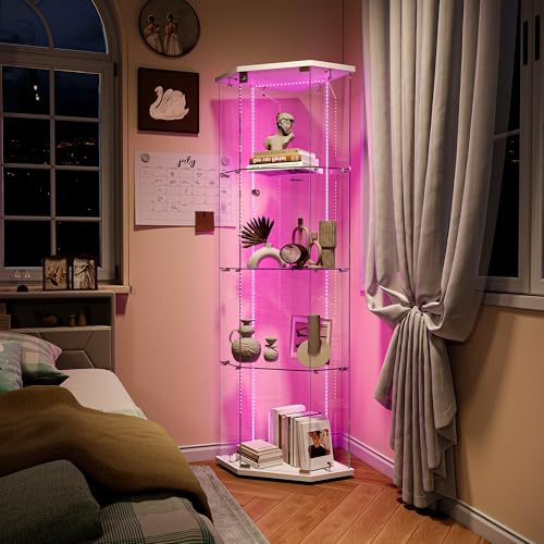 Foerpl vitrina, vitrina de cristal LED, vitrina de cristal para colección con 1 puerta vitrina cristal 4 capas armario esquina armario vitrina con cerradura vitrina mueble transparente para salón bar