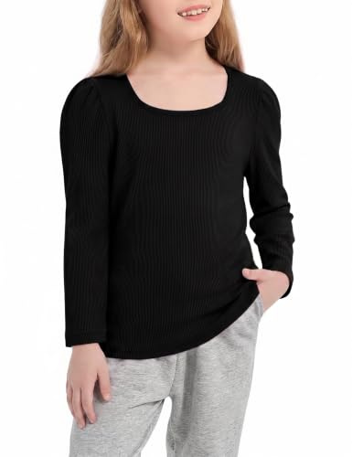 Leversic flickor långärmad toppar ribbad fyrkantig hals puff ärm t-shirt | Mjuka ribbade toppar, fyrkantig halsringning, långärmad puffärm stretch t-shirt barn vardaglig lager blus