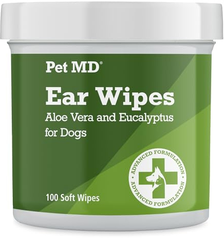 Pet MD Dog Ear Cleaning Wipes – Otic Cleanser for Dogs, Soothing Ear Care with Aloe Vera & Eucalyptus, Regular Wipes, 100 Count