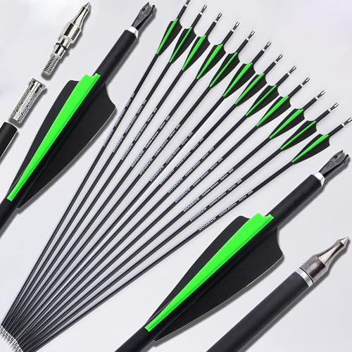 12 Piezas Flechas de Fibra de Carbono 30 Pulgadas Caza Objetivo de Práctica Fiechas Spine 500 para Arco Recurvo Arco Compuesto Arco Largo (Verde+Negro)