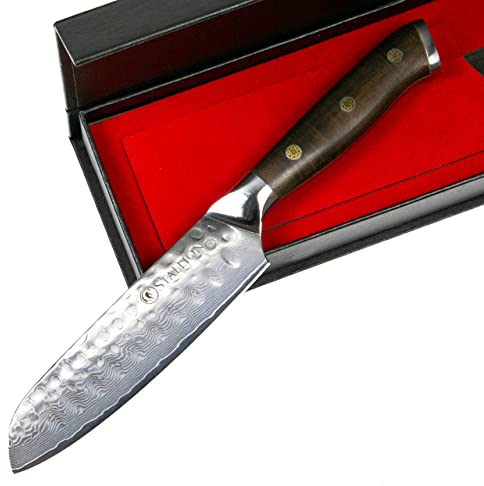 Stallion Kleines Santoku Messer Damast 12,5 cm - Ironwood Series - Damastmesser Santokumesser mit Eisenholz-Griff - Damastzener Stahl Küchenmesser aus bestem Japanischen Stahl