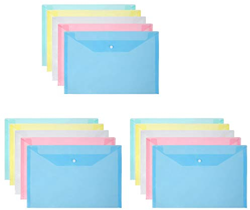 Vicloon Dokumententasche A4, 20 Stücke A4 Datei Taschen mit Druckknopf, Sichttasche Durchsichti Kunststoff, für Lernmaterialien, Bürodokument, Kosmetika, Schreibwaren und Reisezubehör