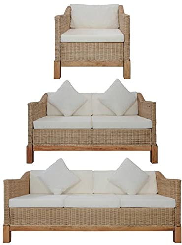 vidaXL Sofagarnitur 3-TLG. mit Auflagen Sofa Couch Sessel Loungesofa Sitzmöbel Wohnzimmersofa Rattansofa Couchgarnitur Designsofa Natur Rattan