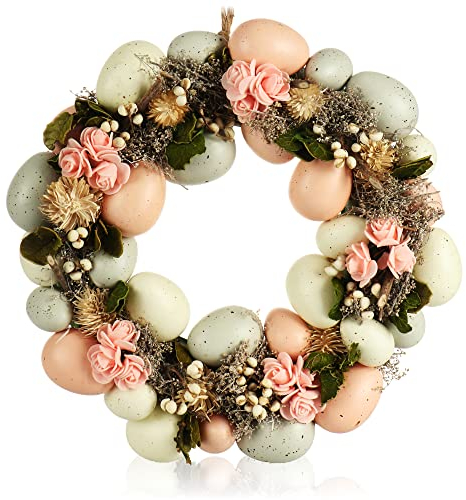 COM-FOUR® Osterkranz mit Blumen und Eiern, dekorativer Tischkranz, Türkranz mit Aufhänger, stylische Osterdekoration