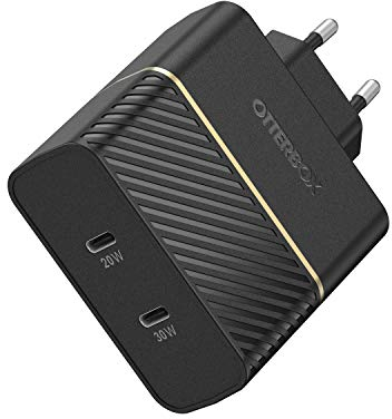 Otterbox EU Cargador de Pared de Dos Puertos 50W, USB-C PD 30W GAN + USB-C PD 20W, Cargador de Carga rápida para Smartphones y Tablets, Resistente a caídas, Ultra Duradero, Negro