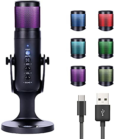 Micrófono USB, RGB PC Gaming Micrófono de Condensador Calidad de Estudio para PS4 Mac LED Color Atmósfera Luz Micrófono con Cable de Carga para Streaming Grabación Podcasting Broadcasting Gaming Live