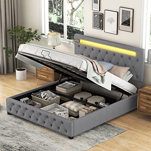 KecDuey Doppelbett Polsterbett, 140x200cm Hydraulisch Bett,Bluetooth-Player und LED-Beleuchtung, Bett mit Stauraum Lattenrost aus Metallrahmen,Modernes Bettgestell mit Stauraum
