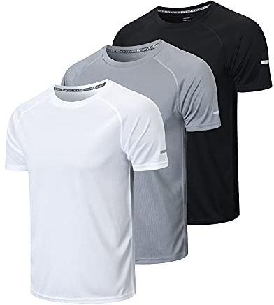 HUAKANG 3 Pack T Shirts Men Breathable Sport Shirts Cool Dry Running Tops Short Sleeve Gym Tops for Men(520 Black Grey White-M)