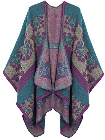 Damer vintage färgblockerande halsduk wrap öppen front poncho överdimensionerad vinterfilt elegant cape rock, Blå-3, One Size