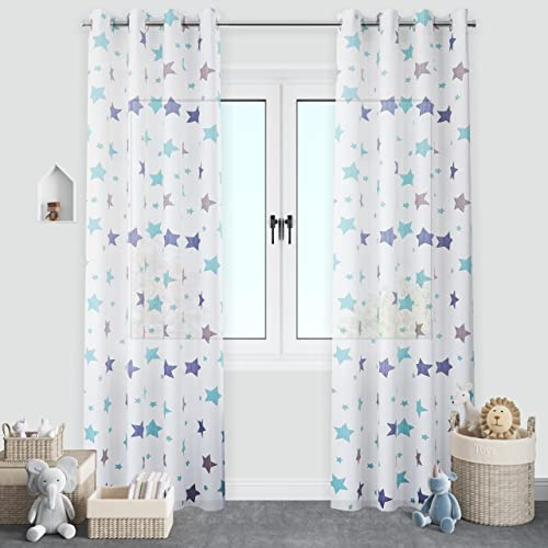 Dalina Textil - Cortinas Translúcida Infantiles Niño Dos Panel de 140x260cm- Cortina Visillo Juveniles Estampado de Estrellas para Habitación Sala de Estar 2 Pieza Azul
