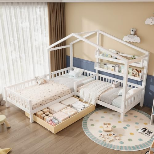 Merax Lit de maison, avec tiroirs et étagères, lit d'enfant, 90 x 200 cm et 140 x 70 cm, lit de jeu en bois massif avec clôture et sommier à lattes, structure en L, pour 2 enfants, lit double, blanc