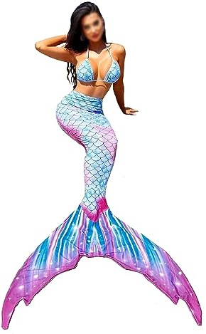 LVTFCO Jupe de sirène Adulte Été Trois pièces Beachwear Queue de poisson Cou suspendu Costume Scène Performance,Blue-M