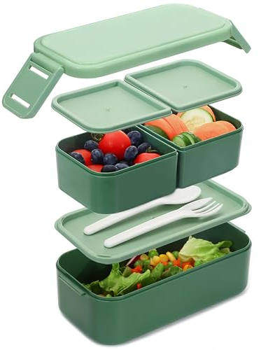 Bugucat Lunch Box 1300ML, 2 en 1 Etages Bento Lunchbox Enfant Adulte avec 3 Repas Compartiment Boite Bento Boîte à Repas,Anti-Fuite avec Couverts Boite a Lunch Pour Pique-Niques Travail École,Vert
