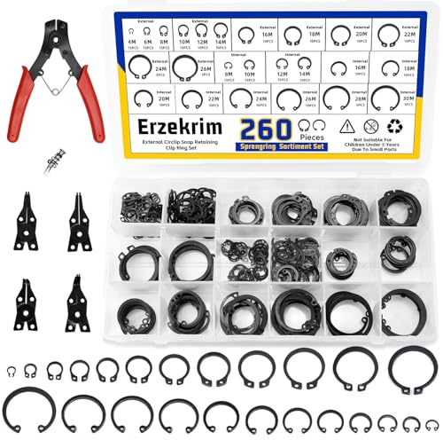 Erzekrim Set di 261 anelli di sicurezza con clip a C, 24 diverse misure, 4 M-30 m, set di pinze per anelli elastici 4 in 1 per fissaggio, cuscinetti, ingranaggi, pulegge (B)