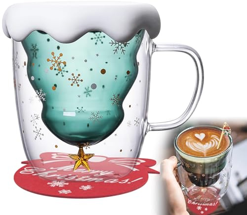 Set di tazze per albero di Natale, tazze da caffè, tazze di Natale, a doppia parete, in vetro con coperchio, manico in vetro, cucchiaio e sottobicchiere, regalo di Natale, 300 ml