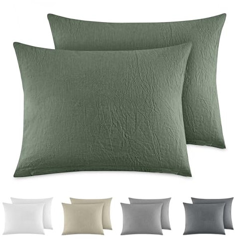 Dreamzie Kissenbezug 40x60 cm 2er Set - 100% Gewaschene Baumwolle, Grün, Kissenbezüge Oeko-TEX Zertifiziert, Leinenoptik und Atmungsaktiv Kissenhülle, Kopfkissenbezug mit Reißverschluss