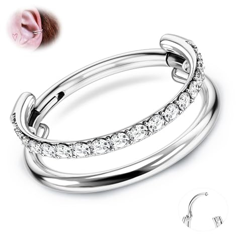 BelleVive G23 Titano Anillo de cartílago con click apilado 16G CZ Anillos de septum dobles/triples Joyería de piercing Conch Tragus, pendientes Helix Anillos nasales Creoles para mujeres Plata, 12 mm