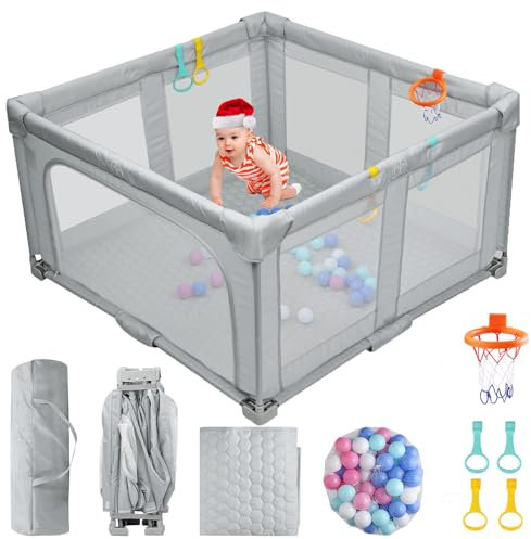 FUNYKICH Parque Infantil Bebe 127×127cm, Corralito Bebe Plegable con Alfombra Suave,50 Pelotas+4 Agarraderas+Aro de Baloncesto+Bolsa de Transporte,Protección para Esquinas, Seguro y Lavable