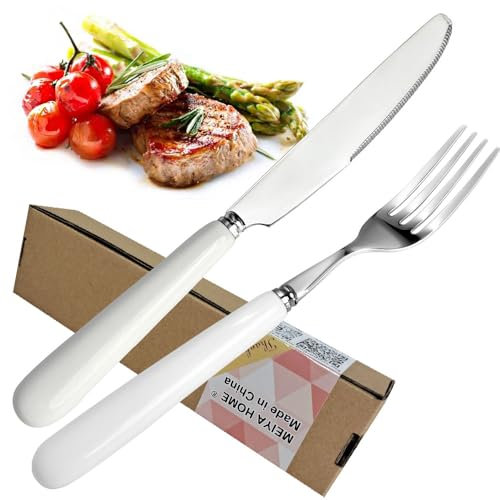 MEIYAHOME Steak Dining Knife White Ceramic Handle,S42000 Stainless Steel Blade Table Knives Hotel Tableware 9Inch Mirror Polish Finish (1PCS Dining Fork + 1PCS Dining Knife)
