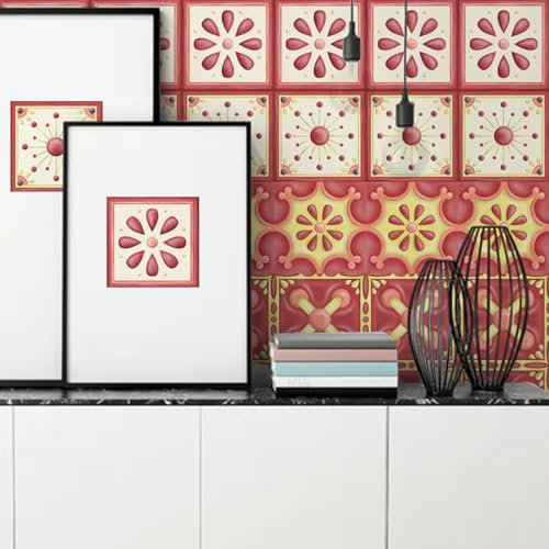 Tile Stickers Red Mandala Stick on Tiles PVC Peel and Stick Tiles Kitchen Waterproof Bathroom Decor Kitchen Tile Stickers Oil Proof DIY Self Adhesive Wall Tiles10 PC(15x15cm)