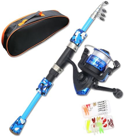 Pineeseatile Kinder Angelruten Starter Set 15-47 Teleskop 5 Sektion Mini Kinder Angeln mit Rollen, Köderbox und Leinwand Bag Glasfaserfasern für Anfänger, Kinderfischereistange